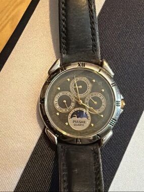 Pulsar Black Dial Silver Case Leather Strap Moonphase Quartz Watch